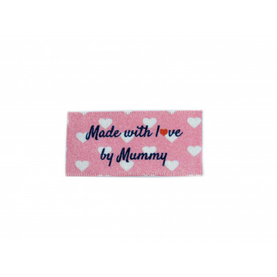 Made with love by Mummy labels large flat - 16, 32 or 48 pack (pink with hearts design)
