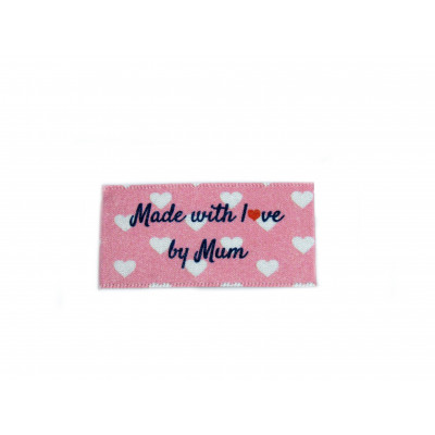 Made with love by Mum labels large flat - 16, 32 or 48 pack (pink with hearts design)