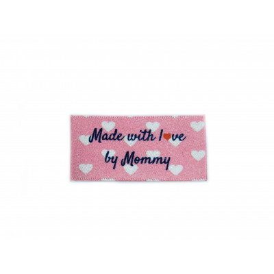 Made with love by Mommy labels large flat - 16, 32 or 48 pack (pink with hearts design)
