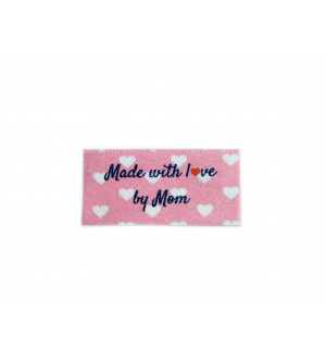 Made with love by Mom labels large flat - 16, 32 or 48 pack (pink with hearts design)