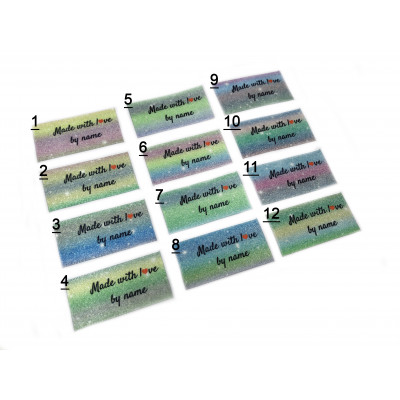 Made with love labels (12 Unicorn Glitter Effect designs 25x40mm Flat)