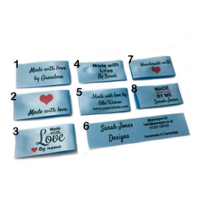 Made with love labels in light blue (8 designs 25x50mm Fold)