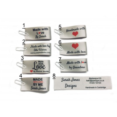 Made with love labels in silver  (8 designs 25x50mm Fold)