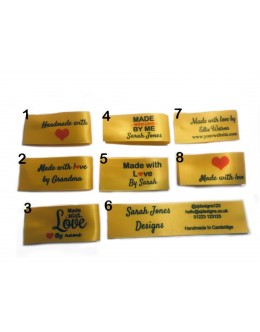 Made with love labels in yellow (8 designs 25x50mm Fold)