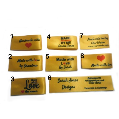 Made with love labels in yellow (8 designs 25x50mm Fold)