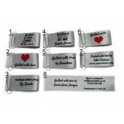 Knitted with love labels in silver (8 designs 25x50mm Fold)